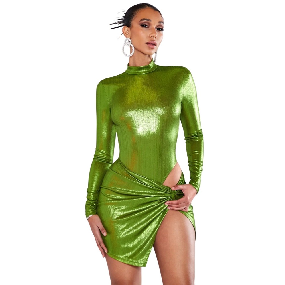 SHEINBAE Metallic Green 2 Piece Set Open Back Bodysuit & Wrap Mini Skirt Large